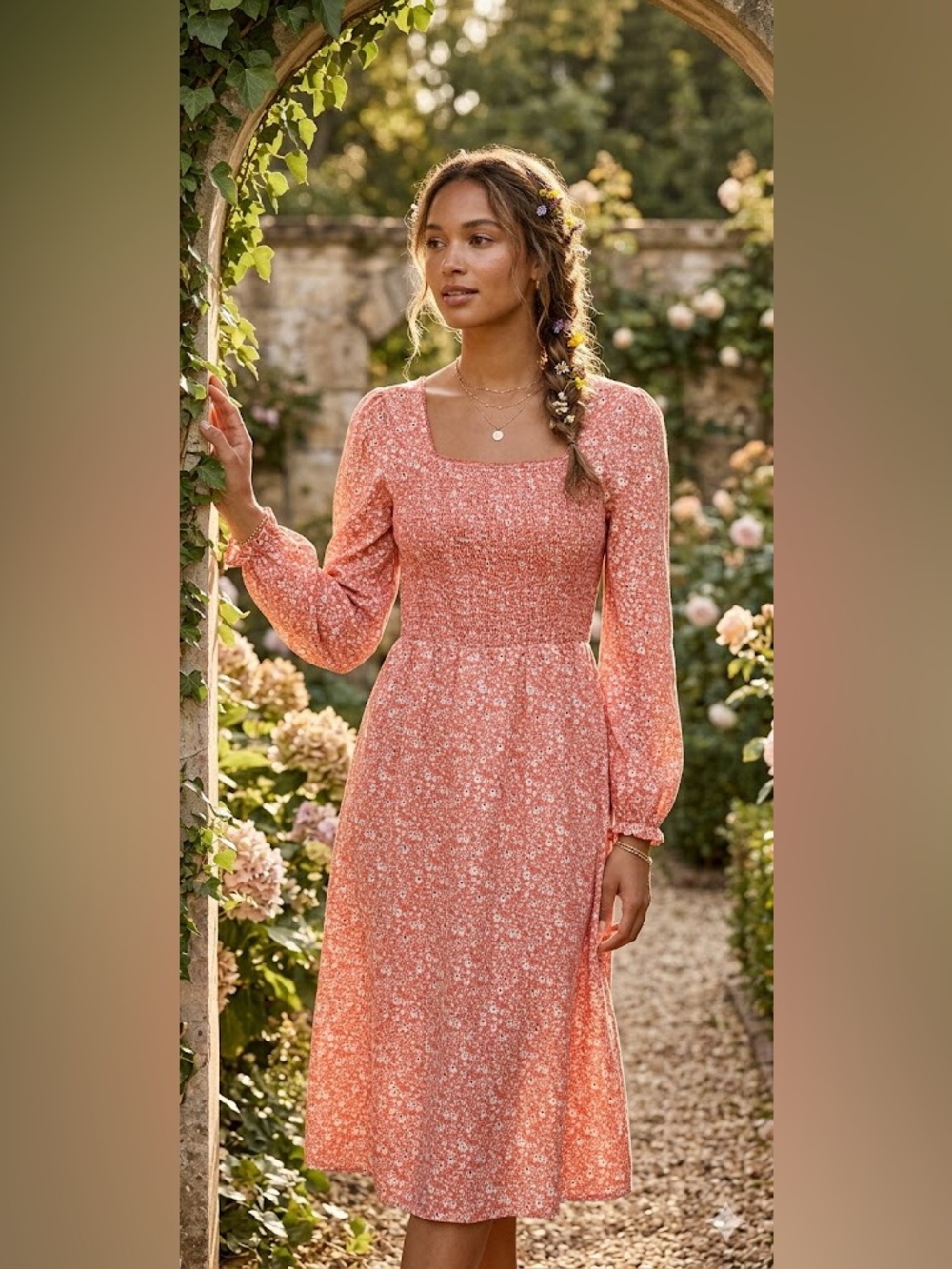 BeryDress Beautiful Meadow Midi Dress, Spring Floral Formal Casual